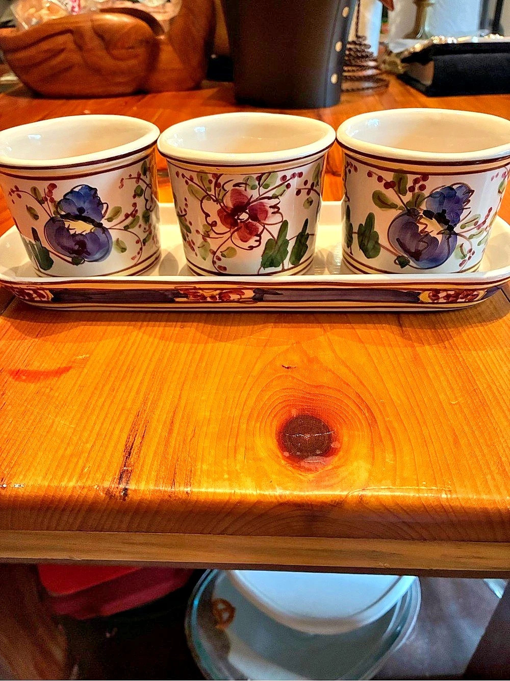 Hand Painted Floral Cup and Tray Set in White & Blue
